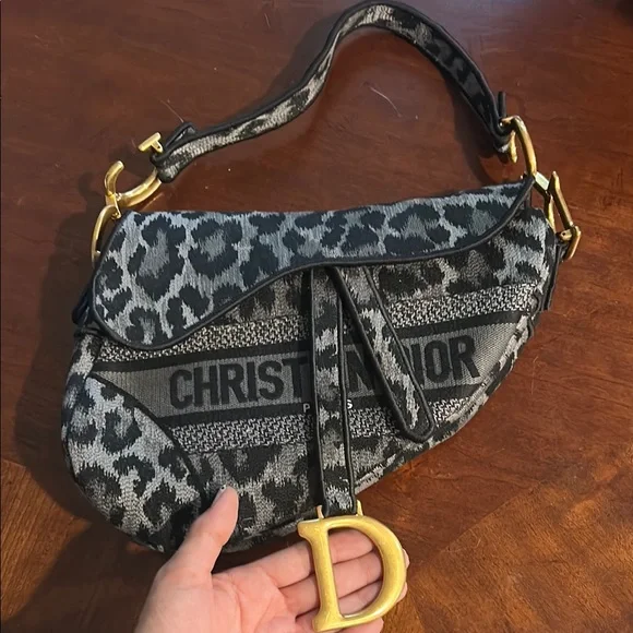 Rare Dior Gray Leopard Canvas Saddle Bag - Picture 2 of 15